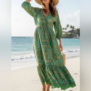 Boemo Anthropologie Chic Boho Green Paisley Maxi Ruffle Dress size Medium